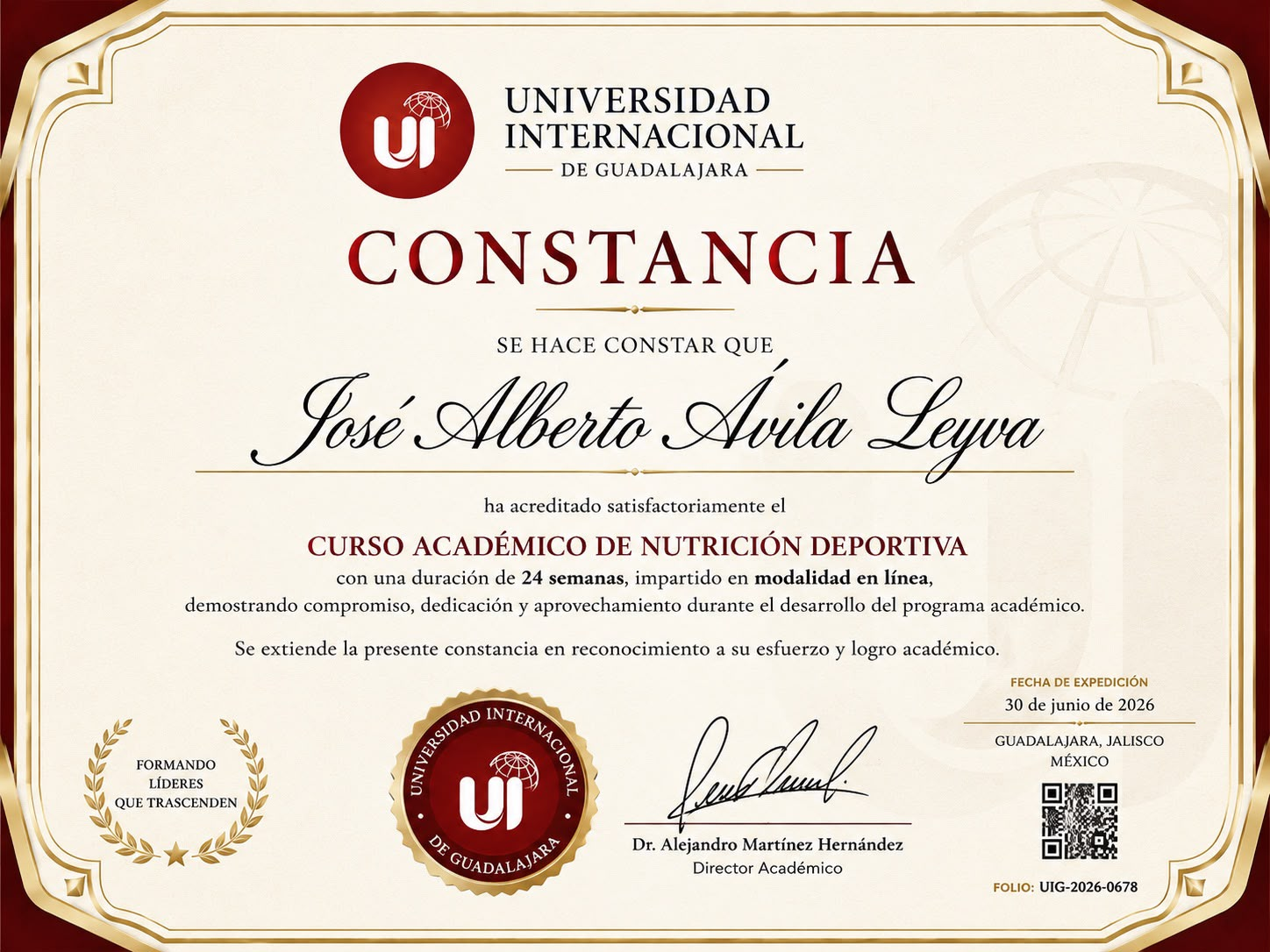 Constancia del Curso Académico de Nutrición Deportiva de José Alberto Ávila Leyva
