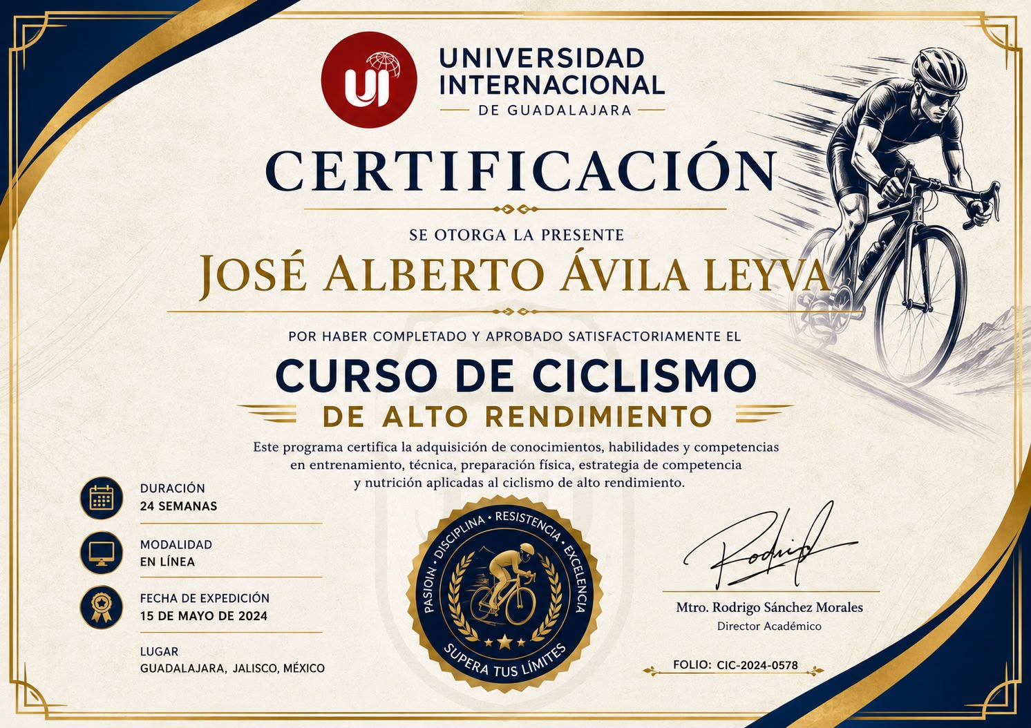 Certificación en Curso de Ciclismo de Alto Rendimiento de José Alberto Ávila Leyva