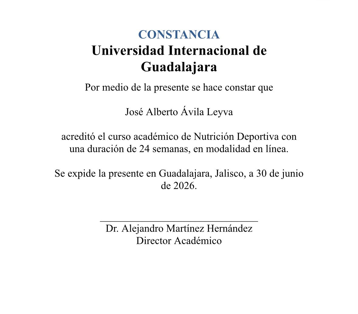 Constancia académica de Nutrición Deportiva emitida a José Alberto Ávila Leyva