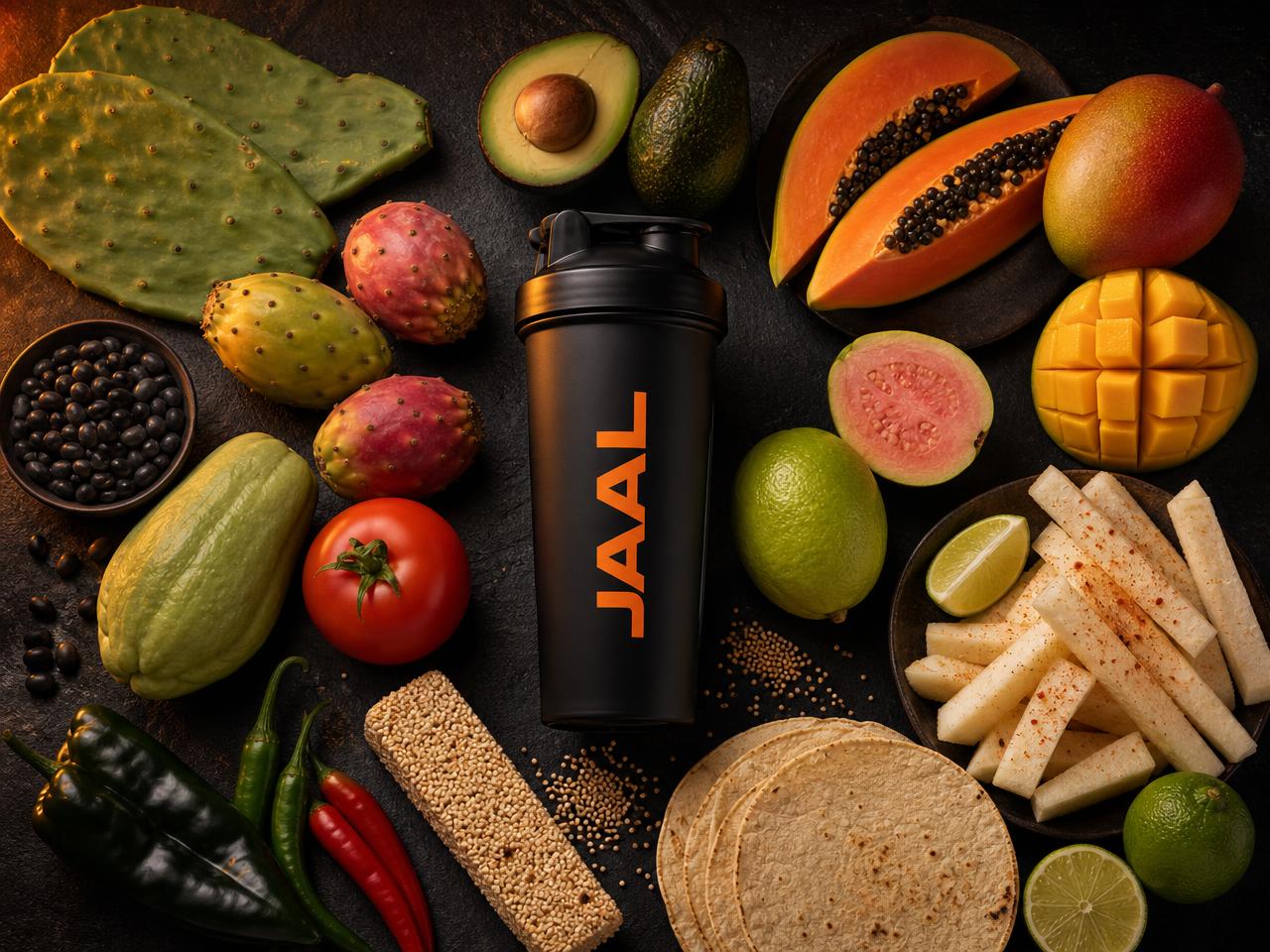 Frutas y verduras mexicanas (nopal, papaya, mango, guayaba, jícama, chayote) junto a un shaker negro con el logo JAAL